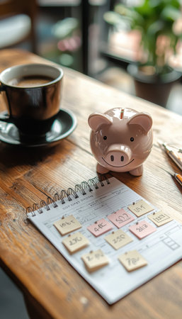 Intentional Savings: Piggy Bank, Calendar, Coffee Cup, and Financial Goals Sticky Notesの素材