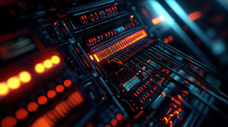 Vibrant Data Center Server Rack with Connectivity and Flashing Lights for Technology Designの素材