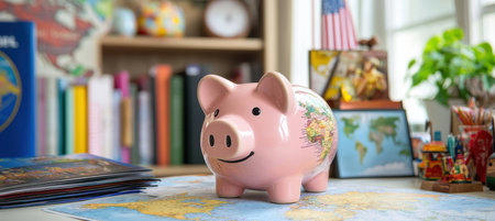 Piggy Bank with Travel Brochures and World Map for Global Adventure Savings Planningの素材