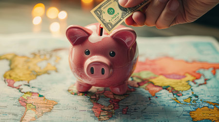 Global Savings Concept: Piggy Bank with International Currency on World Mapの素材