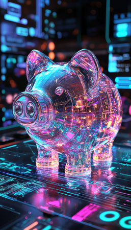 Futuristic Neon Piggy Bank in High-Tech Digital Environment for Innovative Finance Conceptsの素材