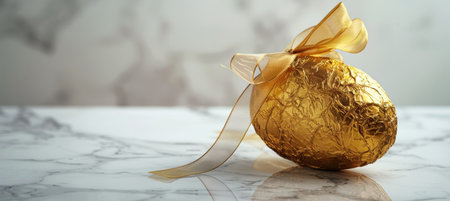 Luxurious chocolate easter egg adorned with gold foil and a delicate ribbon, set on a polished white marble surface. ideal for festive decoration, gift ideas, or holiday-themed print designs.の素材