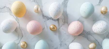 Minimalist flat lay of pastel-colored easter eggs arranged in a circle on a marble background with subtle golden accents. this modern design is ideal for use in seasonal advertising, social media graphics, or holiday-themed print materials.の素材