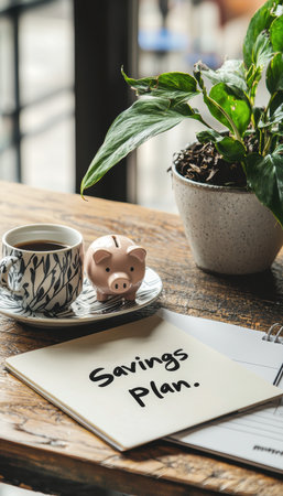 A well-organized modern office desk featuring a pink piggy bank, a coffee cup in a speckled mug, and a notepad labeled "savings plan." the setup conveys a sense of financial planning, productivity, and professional decor.の素材