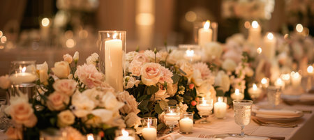 Elegant wedding table scene showcasing mocha mousse runners, cream candles, and lush floral centerpieces. a sophisticated setup for an intimate celebration, highlighted by delicate roses and ambient lighting, creating a warm, romantic atmosphere.の素材