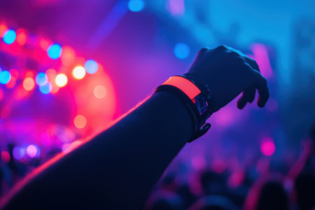 Vibrant Festival Atmosphere with Concert Wristband and Colorful Lightsの素材