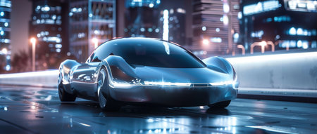 Futuristic Electric Vehicle Design in Night Cityscape for Automotive Innovation Conceptsの素材