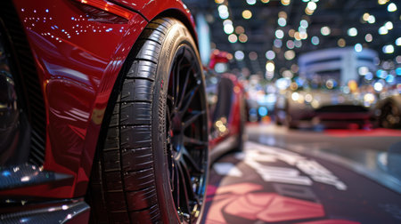 Close-Up of High-Performance Tire with Intricate Tread at Auto Showの素材