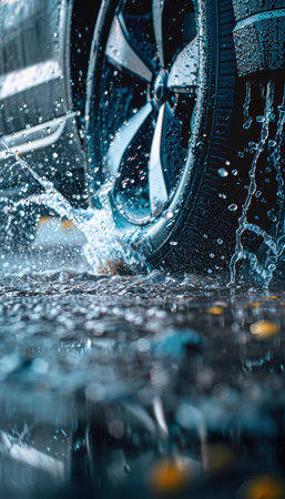 Dynamic Car Tire Driving Through Puddle Showcasing Superior Wet Condition Tractionの素材