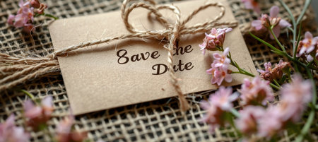 Rustic Save the Date Card with Kraft Paper and Pressed Flowers for Wedding Announcementsの素材