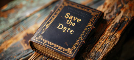 Vintage Book Style Save the Date Card with Intricate Leather Design for Weddingsの素材