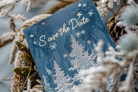 Romantic Winter Wonderland Save the Date Card with Snowy Trees and Frosty Blue-Silver Designの素材