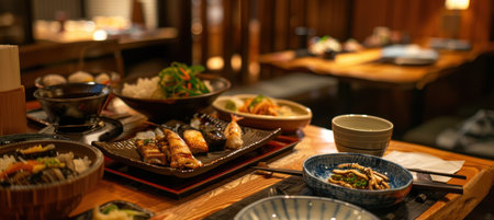 Traditional Japanese Dining Experience with Assorted Sushi and Side Dishes in a Cozy Restaurantの素材