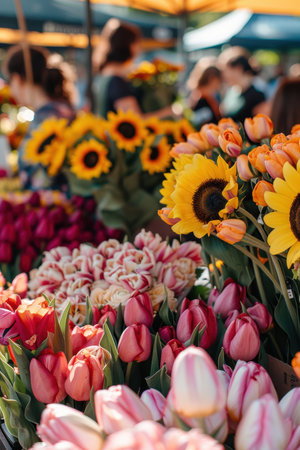 Colorful flower festival showcasing vibrant bouquets of tulips, roses, and sunflowers. stalls line the street with diverse blooms, while people engage with vendors and enjoy the lively atmosphere in the sunny outdoor market.の素材