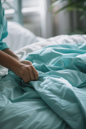 Healthcare worker meticulously folds scrubs on a modern bed, creating a sense of preparation in a bright, lived-in bedroom. the scene suggests an organized routine, evoking feelings of readiness and dedication in a comfortable setting.の素材
