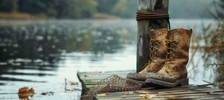 Rustic Fishing Boots and Net on Wooden Dock by Serene Lakeside for Outdoor Adventure Themesの素材