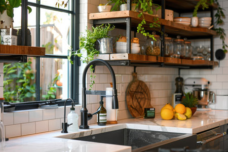 Eco-Friendly Kitchen with Smart Faucet and Reclaimed Wood Shelving for Modern Designの素材