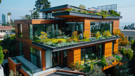 Sustainable Modern Home with Rooftop Garden, Solar Panels, and Rainwater Collection System Designの素材