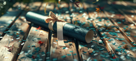 Graduation Diploma and Cap with Confetti on a Wooden Table - Perfect for Celebration Postersの素材