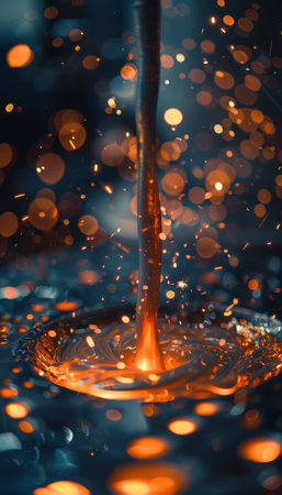 Molten Metal Pouring in Precision Casting Facility with Sparks and Glowing Heat for Industrial Useの素材