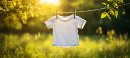 Toddler T-Shirt Mockup on Clothesline in Sunny Outdoor Setting for Print and Designの素材