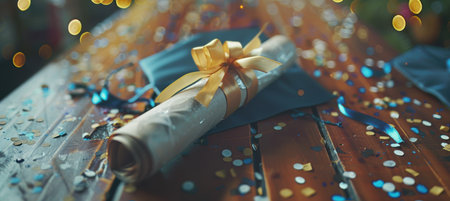 Graduation Diploma and Cap with Confetti on a Wooden Table - Perfect for Celebration Postersの素材