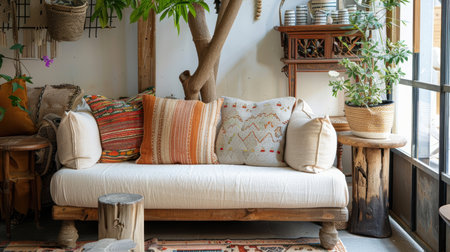 Cozy Rustic Seating Area with Upcycled Fabric Cushions and Handmade Wooden Side Tablesの素材