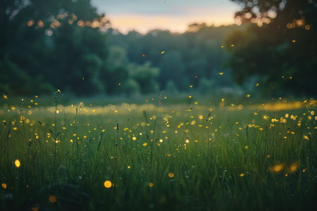 Enchanting Twilight Meadow with Glowing Fireflies - Natures Magical Evening Scene for Wall Artの素材