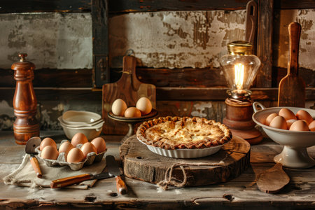 Rustic Farmhouse Culinary Moodboard with Homemade Pies and Fresh Eggs for Cozy Kitchen Inspirationの素材