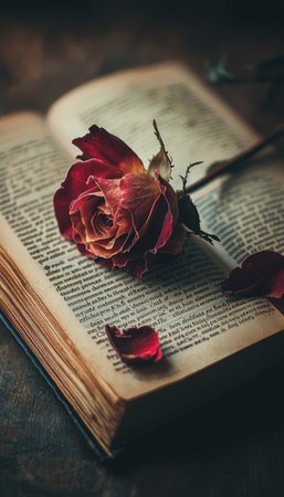 Wilted Rose on Open Book: Symbolism of Love and Life Fading for Artistic Design and Inspirationの素材