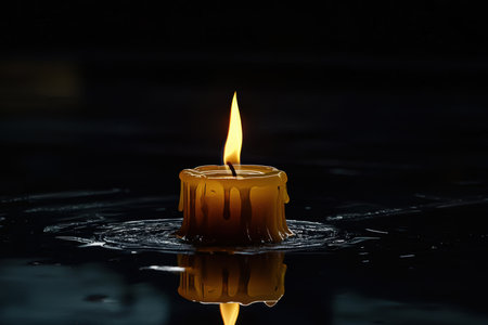 Solitary Candle in Dark Room Illuminating Serenity and Contemplationの素材