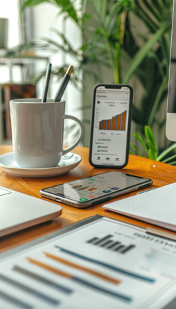 Mobile Payment App Displaying Financial Reports in a Modern Office Setting for Business Analysisの素材