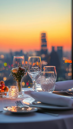 Elegant Dining Experience with City Skyline at Sunset - Perfect for Gourmet and Luxury Themesの素材