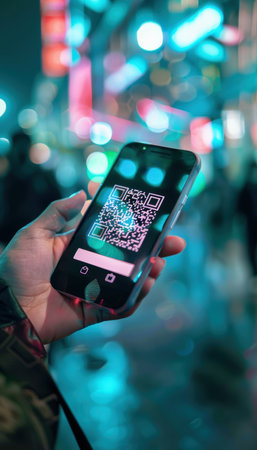 Modern Digital Payment with QR Code Scan in Vibrant Urban Setting - Perfect for Technology Postersの素材