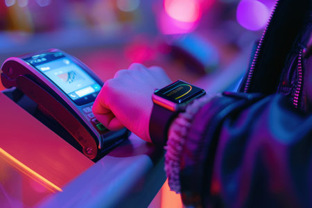 Smartwatch NFC Payment in Modern Retail Store with Vibrant Lightingの素材