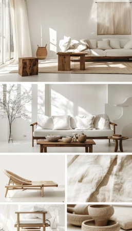 Minimalist Interior Design Moodboard with Natural Wood Elements and Bright Diffused Lightの素材