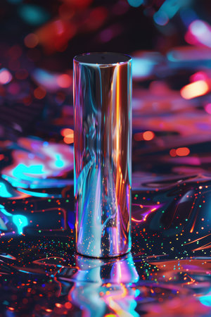 Futuristic Chrome Pouch Mockup with Holographic Patterns on Digital Background for Tech Designの素材