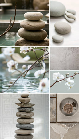 Serene Spa Moodboard with Tranquil Waters and Natural Stones for Zen Ambiance Designの素材