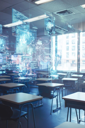 Futuristic Classroom with Holographic Screens Enhancing Virtual Learning Experienceの素材