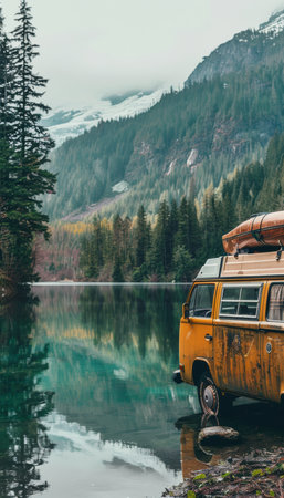 Serene Adventure: Camper Van by Tranquil Lake and Majestic Mountains for Outdoor Explorationの素材