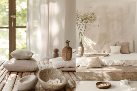 Serene Wellness Moodboard with Yoga Retreat and Neutral Palette in Tropical Setting for Relaxation Designの素材
