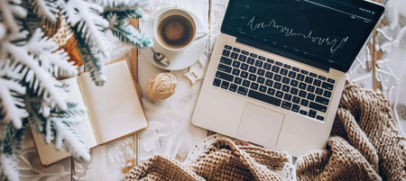 Cozy Home Workspace with Laptop Displaying Financial Graphs for Winter Planning Inspirationの素材