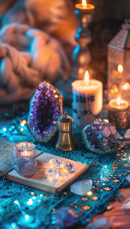 Candlelit Meditation Altar with Crystals and Soft Glow for Peaceful Reflectionの素材