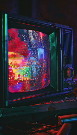 Surreal Neon TV Static Morphing Into Abstract Shapes in a Dark Studio with Moody Lightingの素材