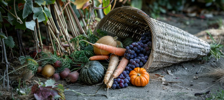 Traditional Cornucopia Filled with Fresh Organic Produce in Natural Outdoor Settingの素材