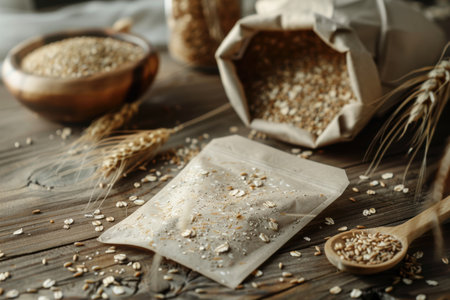 Natural Food Pouch Mockup with Rustic Wheat and Oat Illustrations for Farmhouse Designの素材