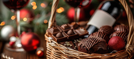 Luxurious Holiday Gift Basket with Plum Cake, Gourmet Chocolates, and Wine for Festive Celebrationの素材