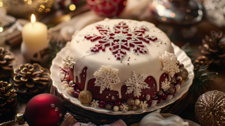 Festive Plum Cake with Snowflake Icing and Glitter for Holiday Celebrationsの素材