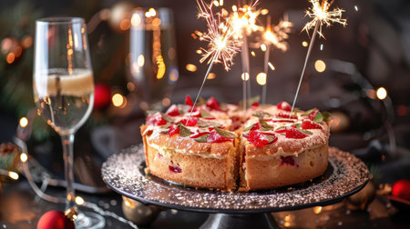 New Years Eve Festive Plum Cake with Sparklers and Champagne for Celebration Decorの素材