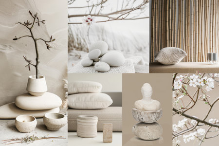 Tranquil Wellness Moodboard with Neutral Tones and Meditative Elements for Relaxation and Calmの素材